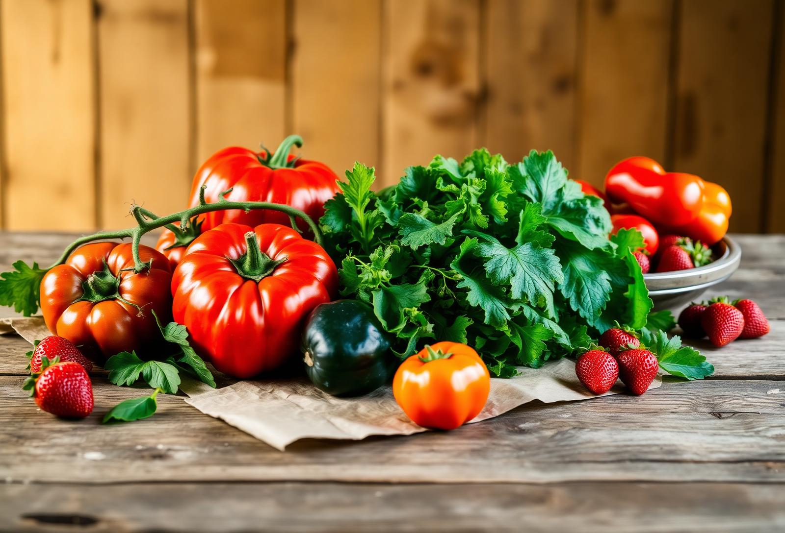 Freshly harvested organic produce on a farm table
